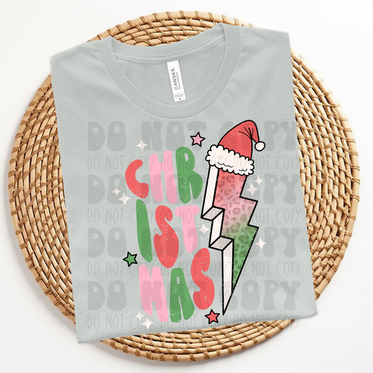 CHRISTMAS SANTA HAT BOLT - RED/GREEN WHITE STARS DISTRESSED - DTF TRANSFER