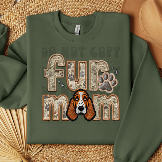 FUR MOM, BASSET HOUND, RED - FAUX EMBROIDERY - DTF TRANSFER