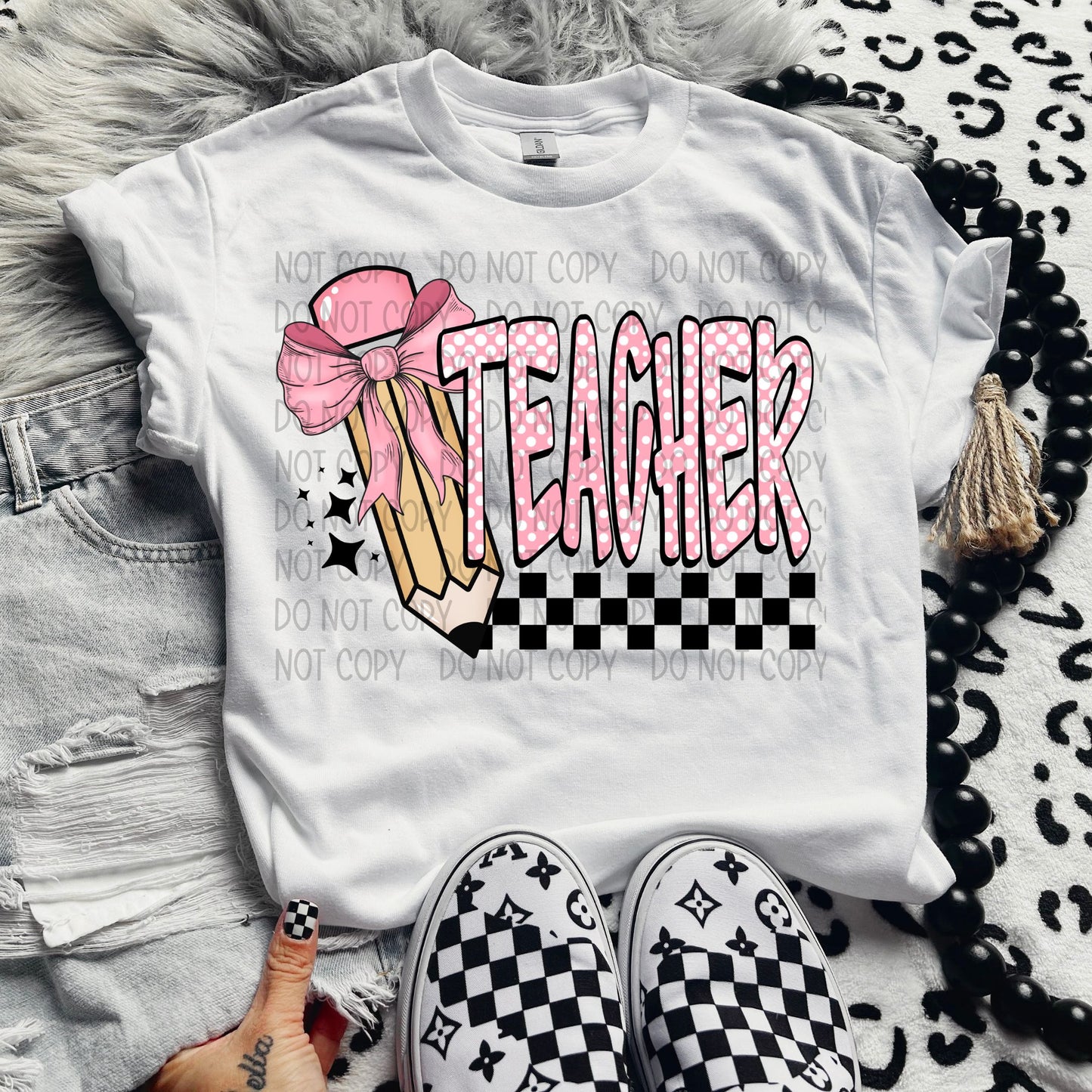 TEACHER POLKA DOTS/CHECKERED PENCIL - DTF TRANSFER