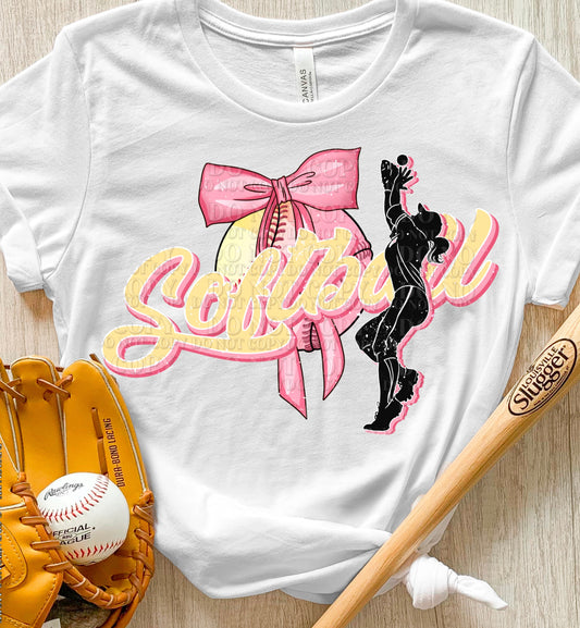 PINK SOFTBALL BOW - DTF TRANSFER